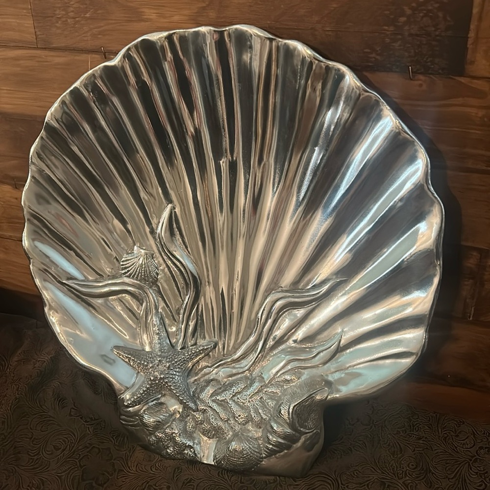 Belaverra Sculpted Seashells on polished Aluminum Scallop Large 16”platter
